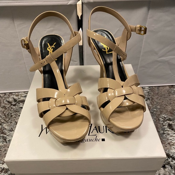 SAINT LAURENT Tribute Platform Sandals Beige 38.5 75mm - Picture 4 of 16